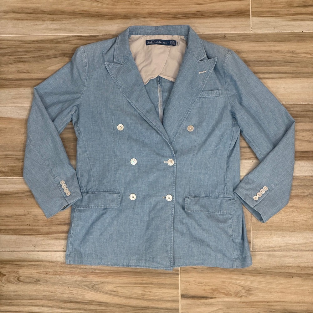 Polo Ralph Lauren Womens Blue‎ Chambray Double Breasted Blazer Jacket Size 18